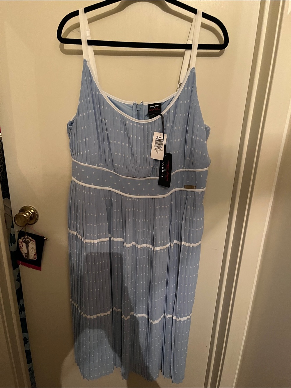 torrid Marilyn Monroe Blue and WhitePolka Dot Pleated Midi Dress with White Trim